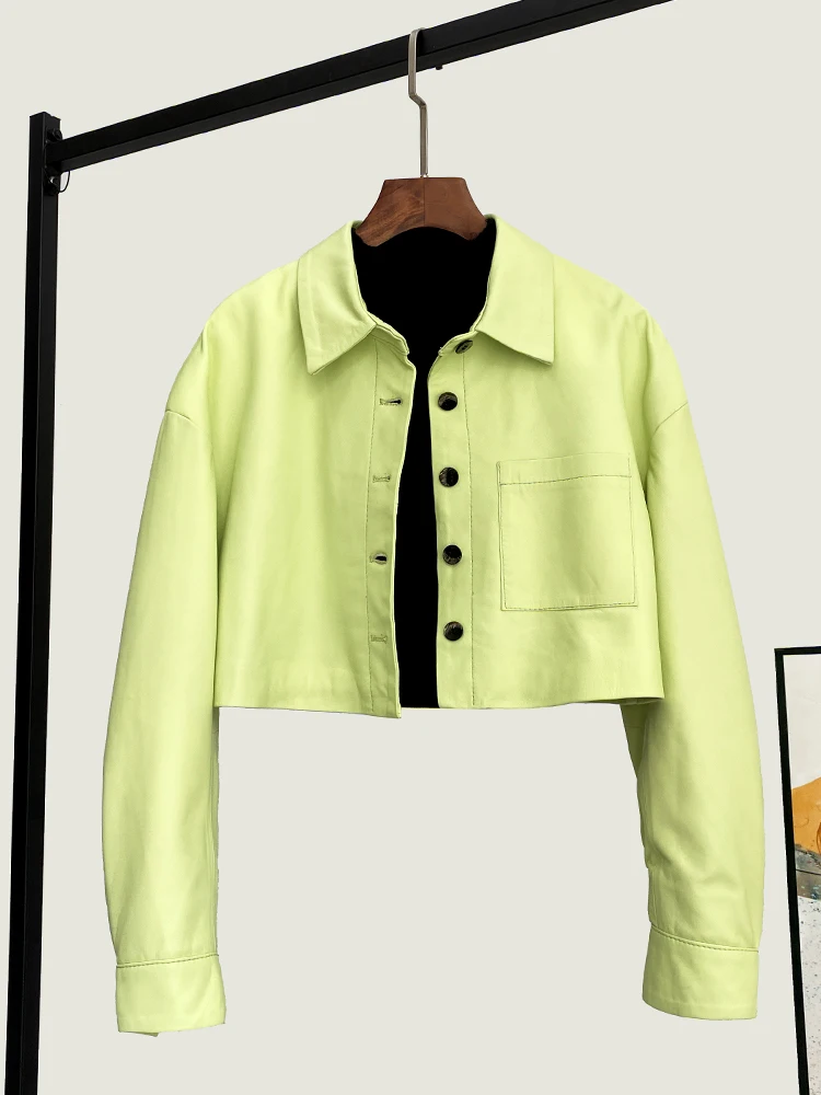 

2025 Spring New High Quality Genuine Real Leather Women's All-Matching Short Waist Jacket Loose Long Sleeve Motorcycle