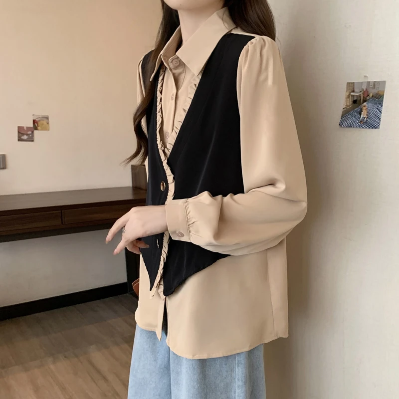 primavera autunno nuova camicia a maniche lunghe con colletto rovesciato da donna High street Falso cardigan con bottoni in due pezzi top con funghi