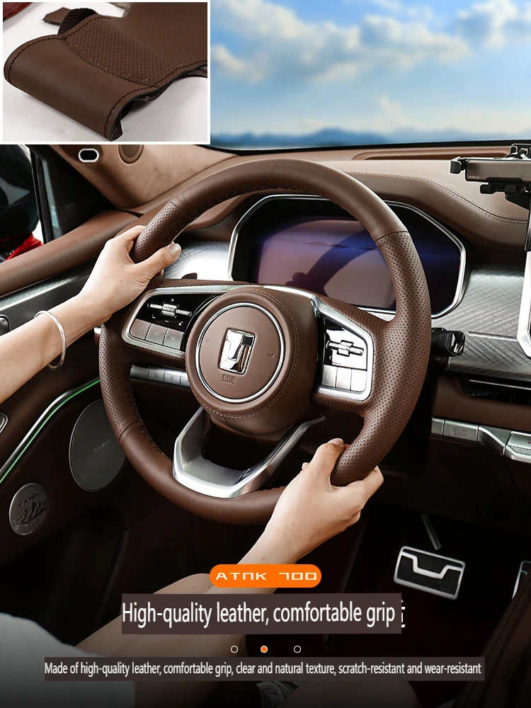 DIY Hand Sewing Steering Wheel Cover for Great Wall Tank 700 Car Genuine Leather Interior Accessories Coffee Color