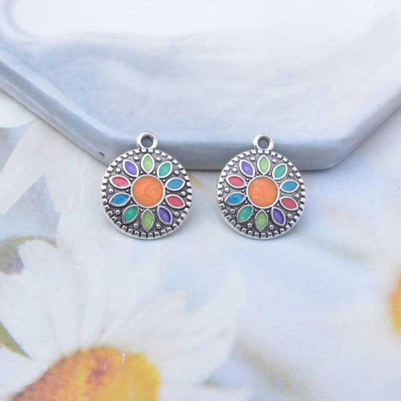 10 Stück Bohemian-Stil Antik-Bronze Runde Emaille-Anhänger Metall Kleine Anhänger DIY Ohrringe Damen Schmuck – Detail 5