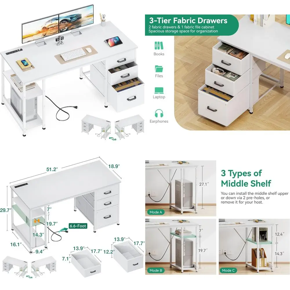 51 Inch Large Home Office Desk with Storage Shelves, File Drawers, and USB Power Outlets - Reversible Desk for Work from Home Co