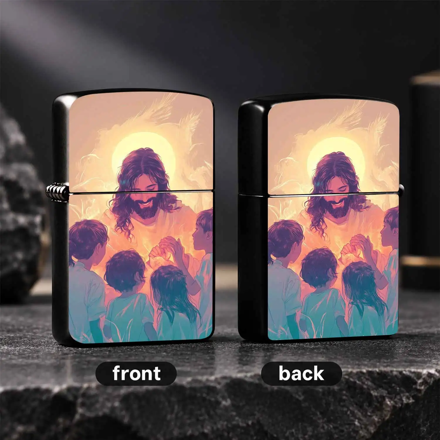 Retro Printed Windproof, Christ Jesus With Warm Smiling Surrounded By Themed Pattern, Artistic Glowing Aesthetic Collectible, Exquisite Religious Souvenir Gift For Believers Friends Family, Durable Durable Housing Flame Device For Daily Use