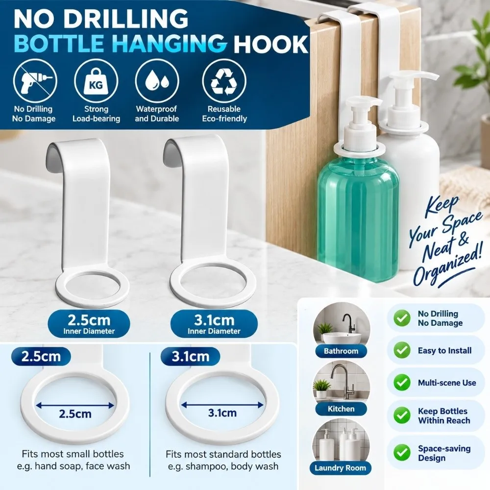 8 PCS Plastic Bottle Hanger Hook White Easy to Use Shower Bottle Rack No Drilling Required Convenient Bathroom Storage Hanger