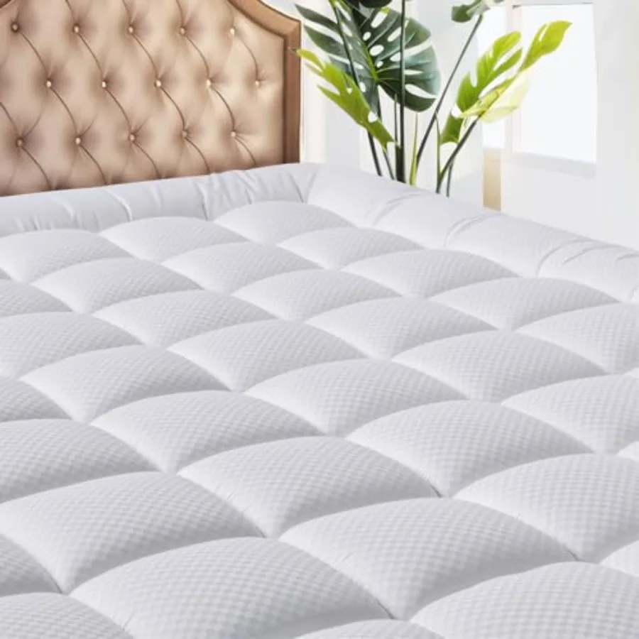 

King Size Mattress Pad - Cooling Breathable Mattress Topper Quilted Fitted Mattress Protector Pillow Top Mattress Cover with 8-
