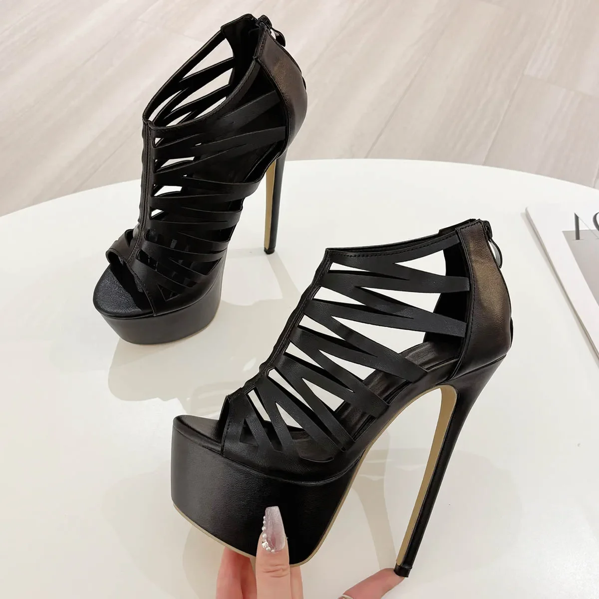 

Aneikeh Sexy Open Toe Narrow Band Hollow 16CM Super High Heel Sandals Zipper Fashion Black Sandals Nightclub Stripper Women Shoe