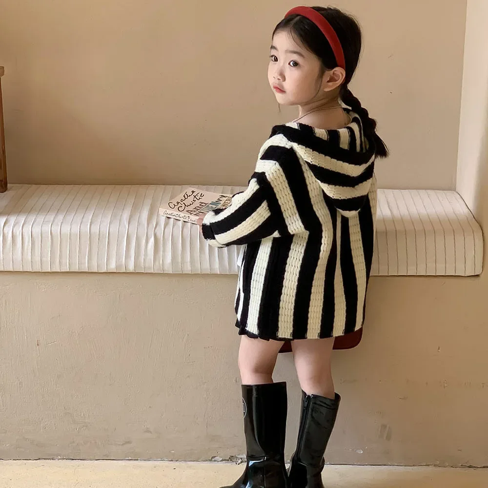 Hooded Sweater Girls Coat Lovely 2023 Spring Autumn New Korean Version Striped Casual All-match Hooded Kids Tops for Girls