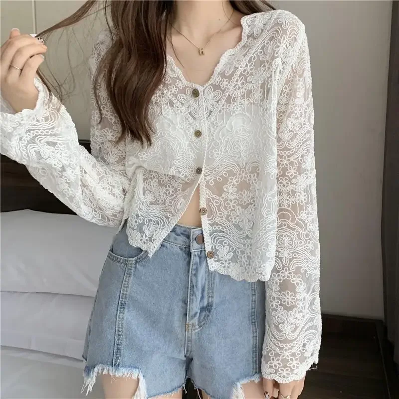 Hollow Mesh Cardigan Knitwear V-neck Solid Lace Long-sleeved Openwork Button Bell Sleeve Top Cover-ups Blouse Women Cardigan