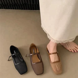 SUOJIALUN 2025 New Women Flat Heel Shoes Fashion Mesh Ladies Square Toe Mary Jane Shoes Soft Flat Heel Dress Single Shoes