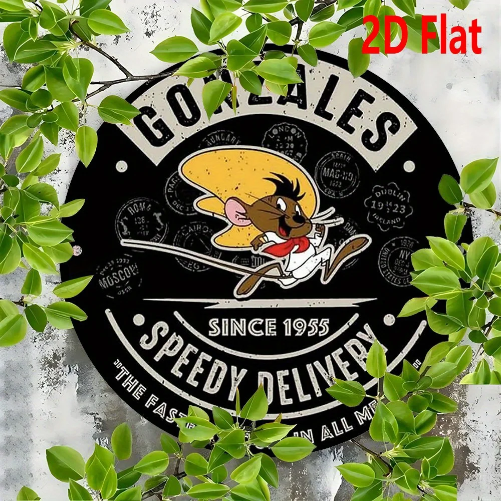 لافتة معدنية من الألومنيوم مسطحة ثنائية الأبعاد مقاس 20.32 × 20.32 سم - ماوس كرتوني قديم في سمبريرو ووشاح أحمر مع "GONZALES SPEEDY DELIVERY" و"SIN