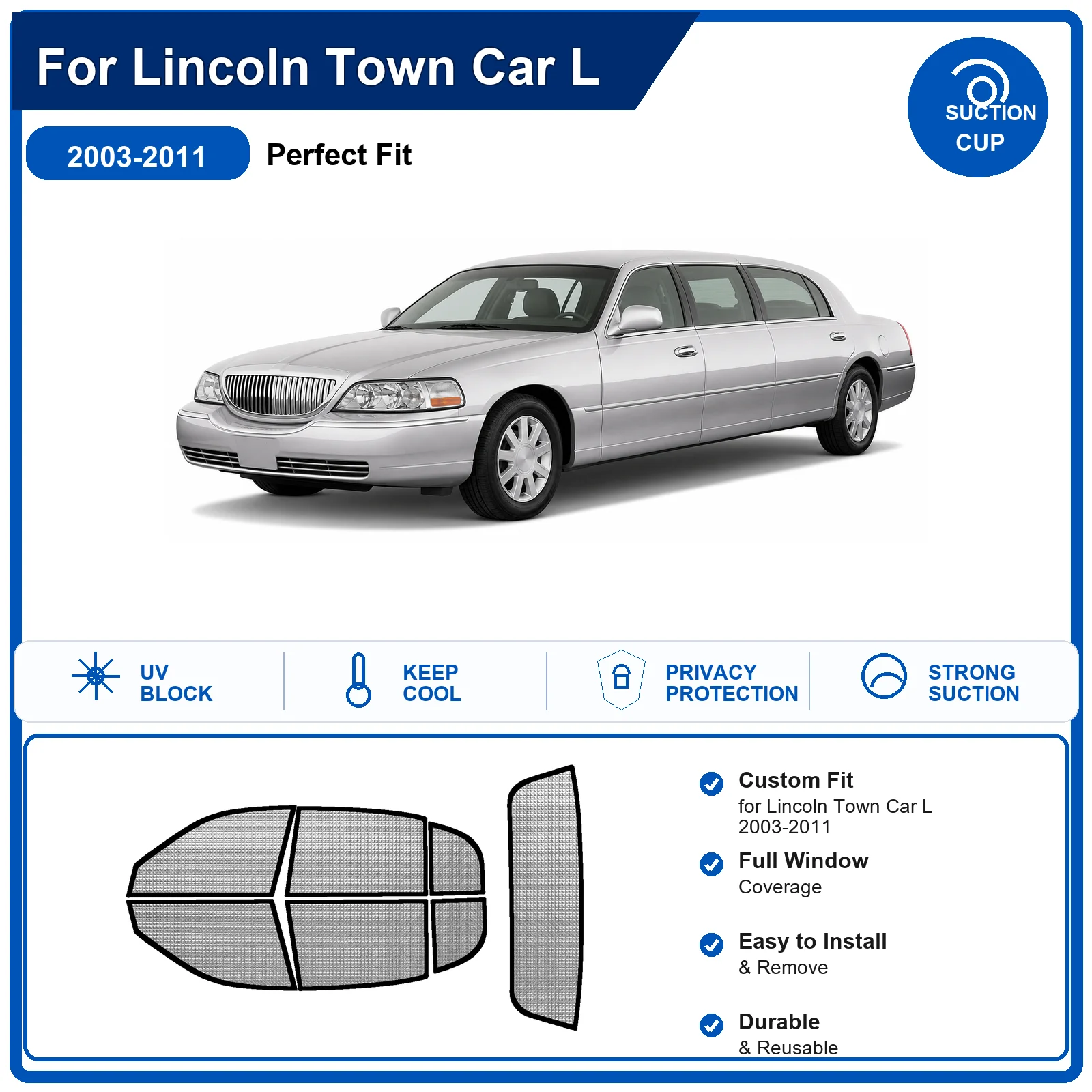 For Lincoln Town Car L 2003-2011 Custom Full Set Windshield Sun Shade Aluminum Foil Heat Insulation Anti UV Foldable