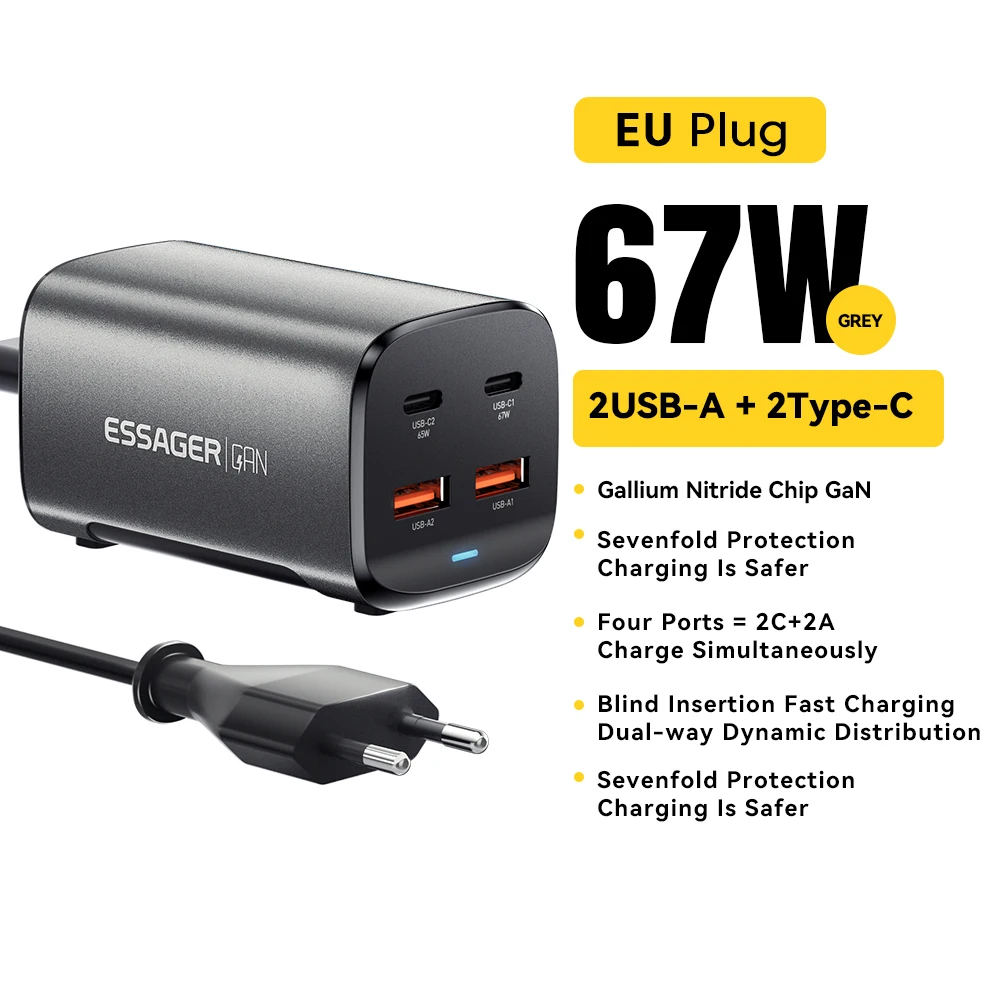 Essager 67 W USB C GaN Ladegerät Desktop Quick Charge 4.0 QC 3.0 PD Typ C Schnellladung für MacBook Samsung POPC iPhone 15 Laptop 4