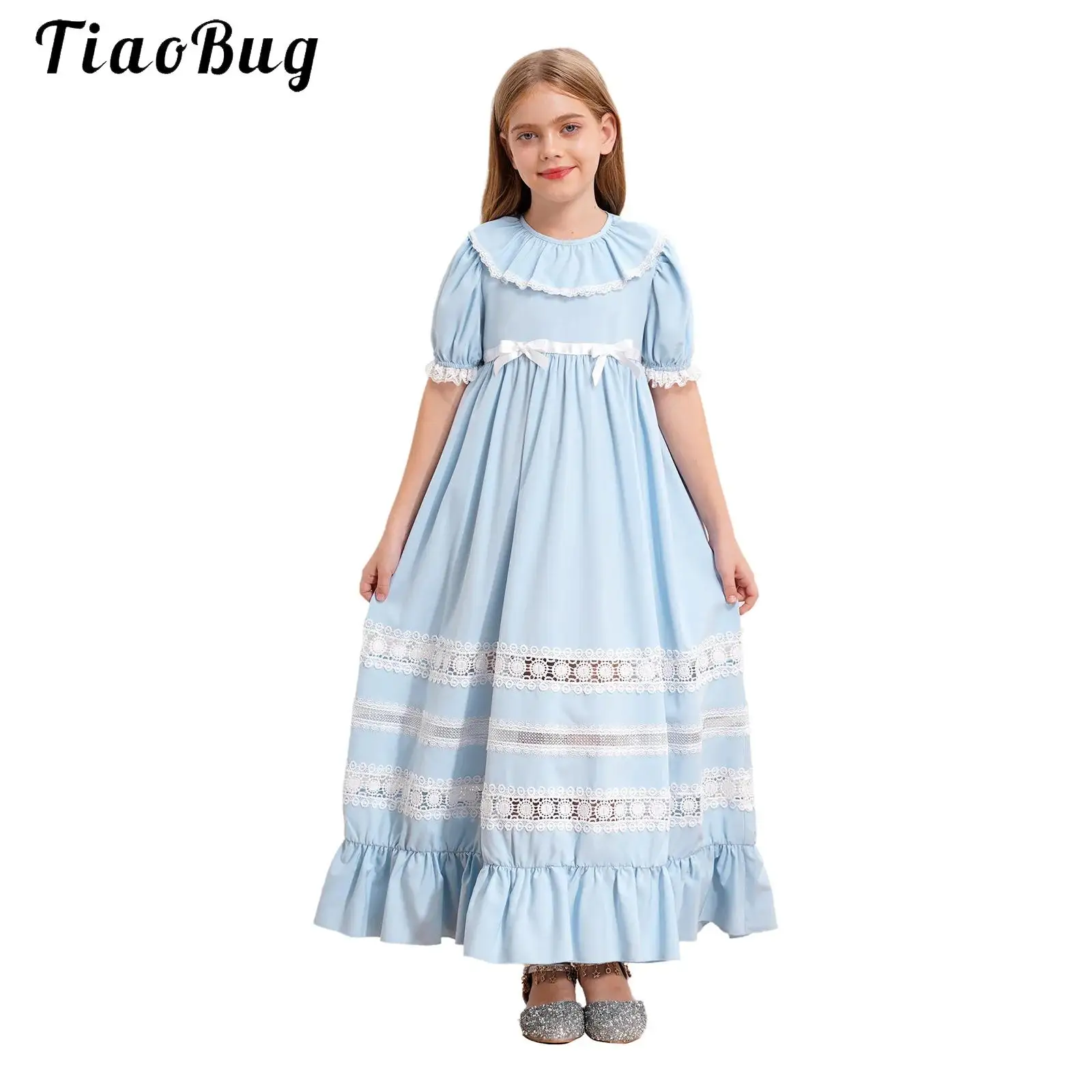 

Sweet Girls Vintage Puff Sleeve Lace Dress Kids Bowknot Ruffled Lolita Long Dress Princess Flower Girl Wedding Party Boho Dress
