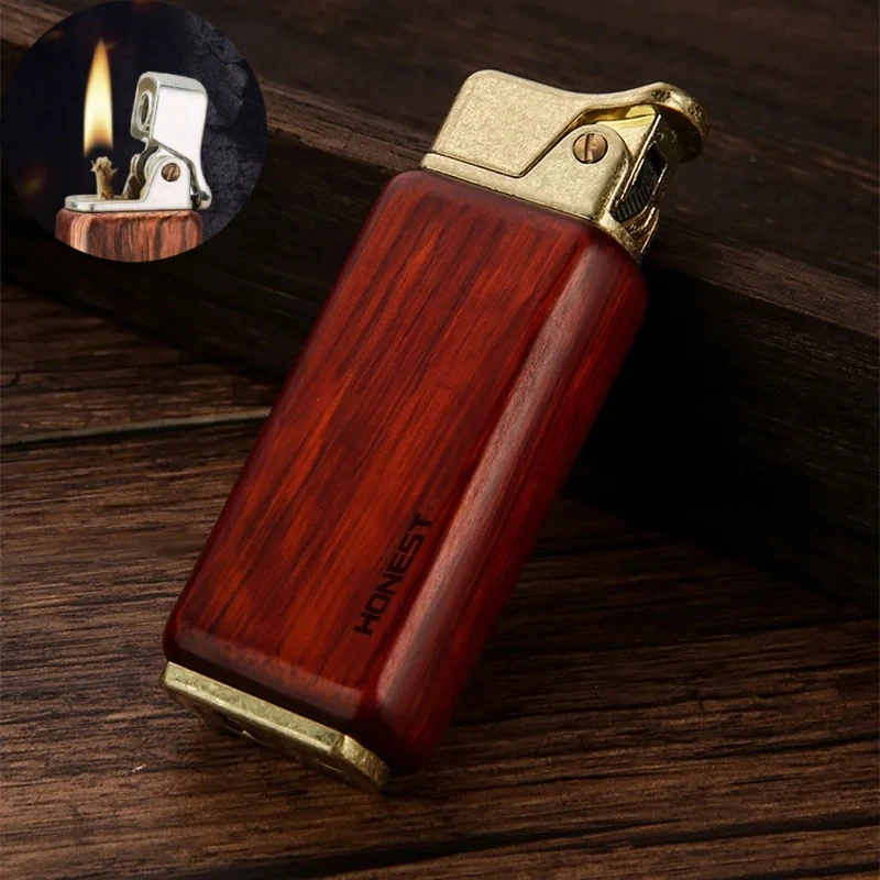 

HONEST New Sandalwood Open Flame Retro Lighter Nostalgic Vintage Personalized Press Ignition Men's Wooden Lighter Smoking Gift