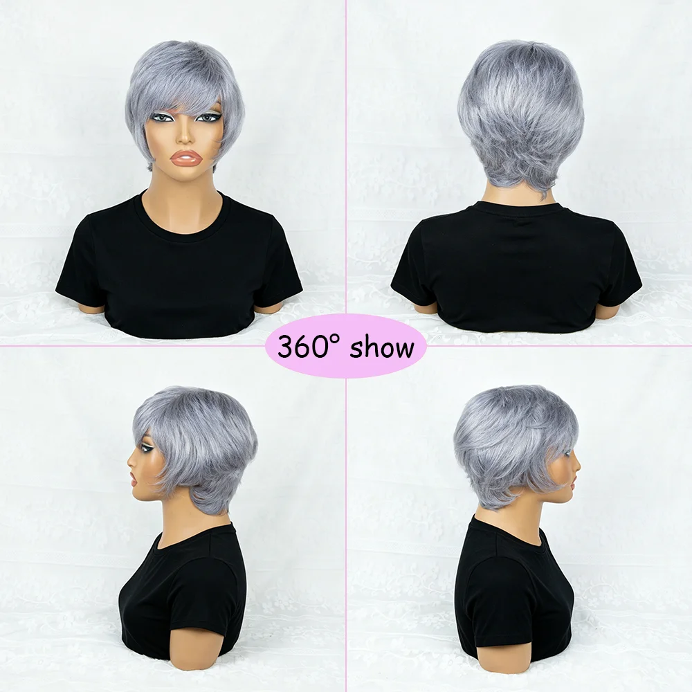 Sliver Gray Pixie Cut Wig Short Straight Human Hair