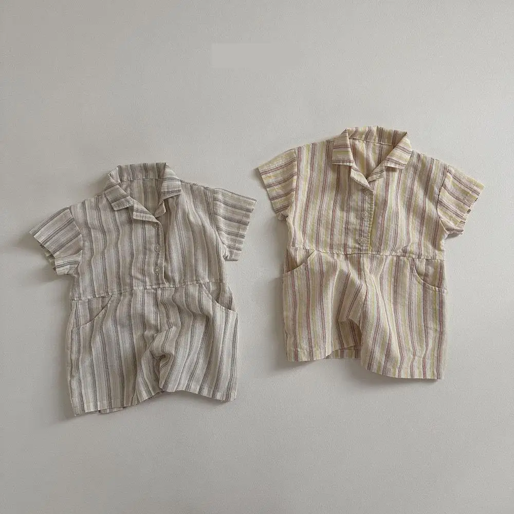 

2024 Summer New Baby Boy Short Sleeve Lapel Romper Cotton Infant Girl Casual Striped Jumpsuit Newborn Toddler Clothes 0-24M