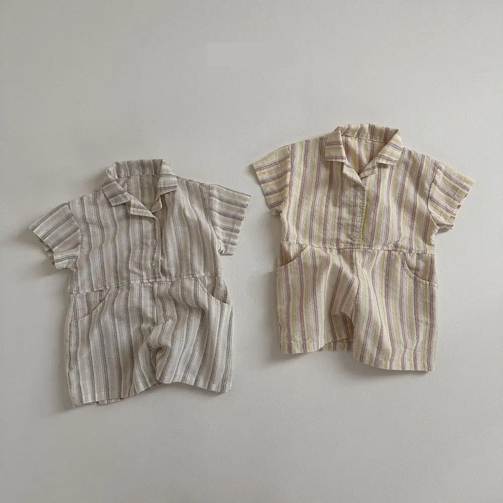 2024 Summer New Baby Boy Short Sleeve Lapel Romper Cotton Infant Girl Casual Striped Jumpsuit Newborn Toddler Clothes 0-24M