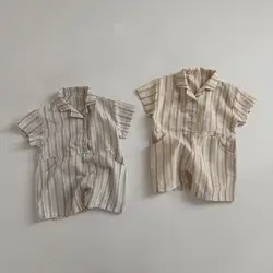 Barboteuse à revers en coton à manches courtes pour bébé garçon et fille, combinaison décontractée rayée pour nouveau-né, vêtements pour tout-petits, été, nouveau, 2024, 0-24M