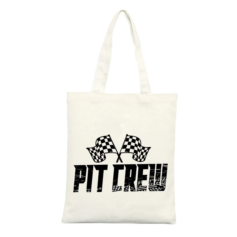 Canvas Tote Bag with Checkered Flag and Typography Print, Casual Style for Daily Shopping and Outings