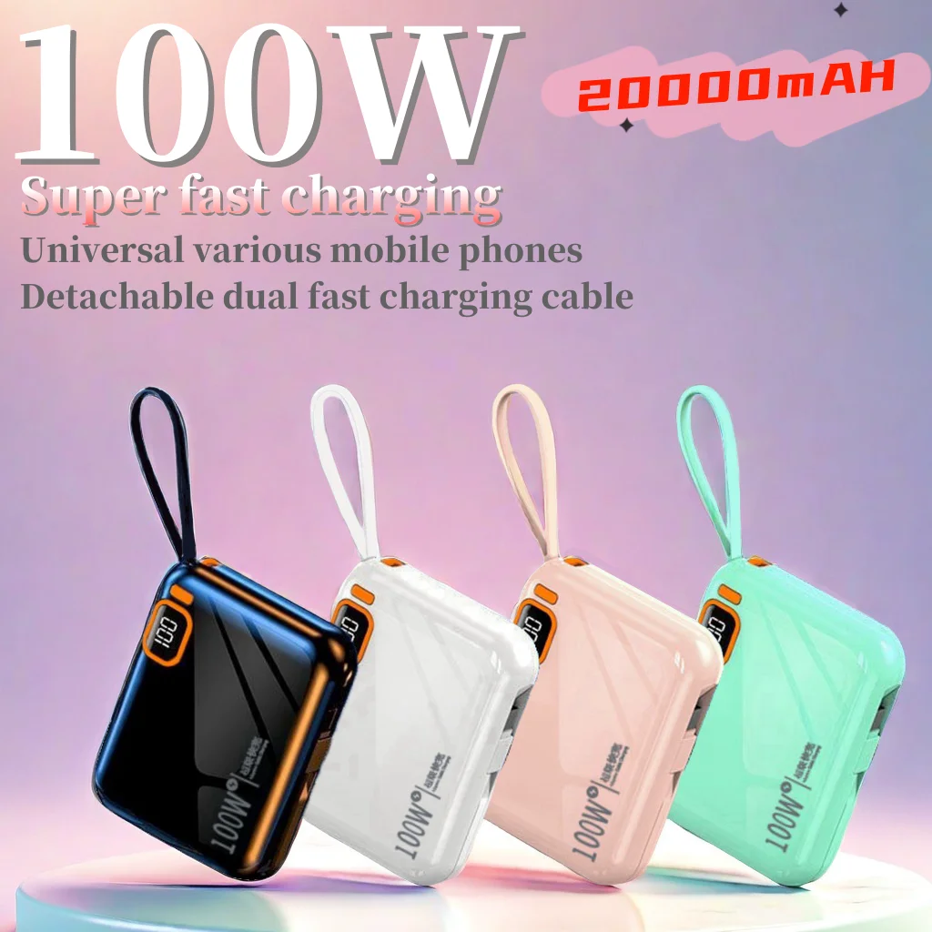 20000 mAh PD100W portable power pack, USB-C detachable cable, bidirectional fast charger, suitable for various mobile phones