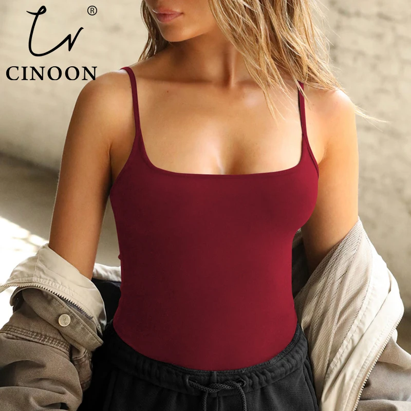 

CINOON Women's Ribbed Knit Bodysuit Top Sexy Square Neck Slim Strap Sleeveless Solid Color Vest Shirt Thin Stretchy Tank Top