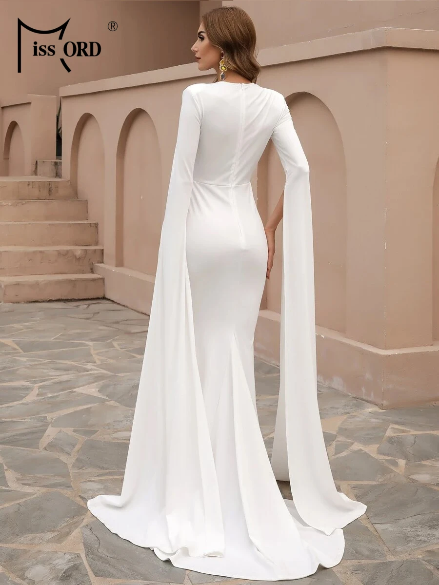 Missord White Muslim Evening Dress Women Elegant Split Long Sleeve O-Neck Cutout Bodycon Maxi Mermaid Party Dresses Prom Gown