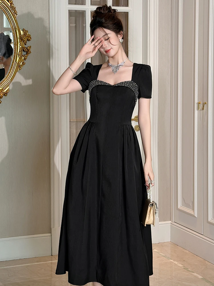 Rétro élégant noir été dames strass Maxi Robe à manches courtes Robe formelle Robe de soirée nouveau Vestido vêtements pour femmes