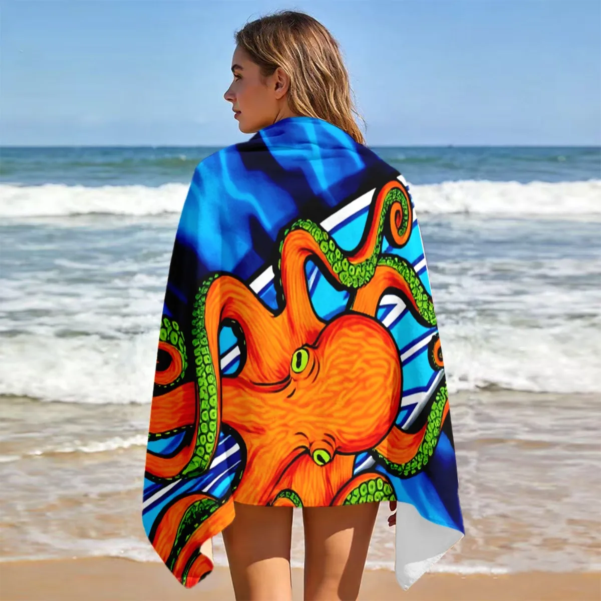Cartoon Octopus Surfboard Beach Towel, Soft Absorbent Polyester Quick Dry Lightweight Portable for Swimming Diving Camping Gift