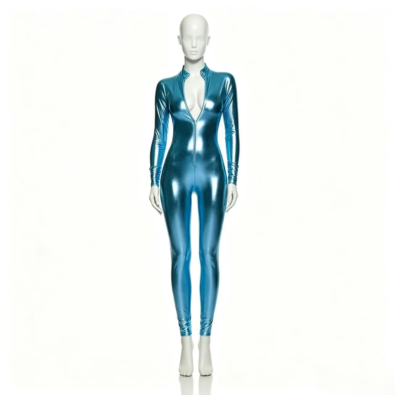 Women Metallic Shiny Catsuit High Neck Long Sleeve Front Zipper Jumpsuit Wet Look Bodysuit Halloween Party Stage Cosplay Costume