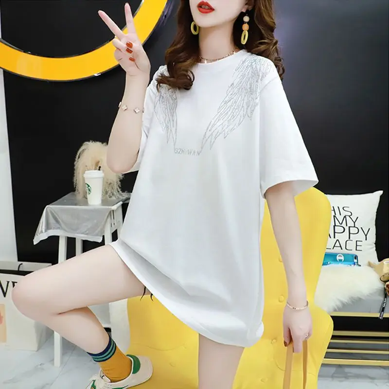 2024 Summer Stylish Diamonds Pullovers Women\'s Clothing Korean Loose Commute Short Sleeve All-match Casual Round Neck T-shirt