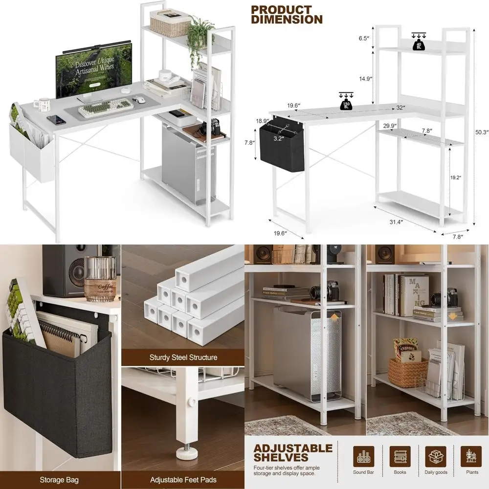 L-Shaped 40 Inch Computer Desk with Reversible Storage, Corner Office Desk for Home, Study Writing Table with Hutch