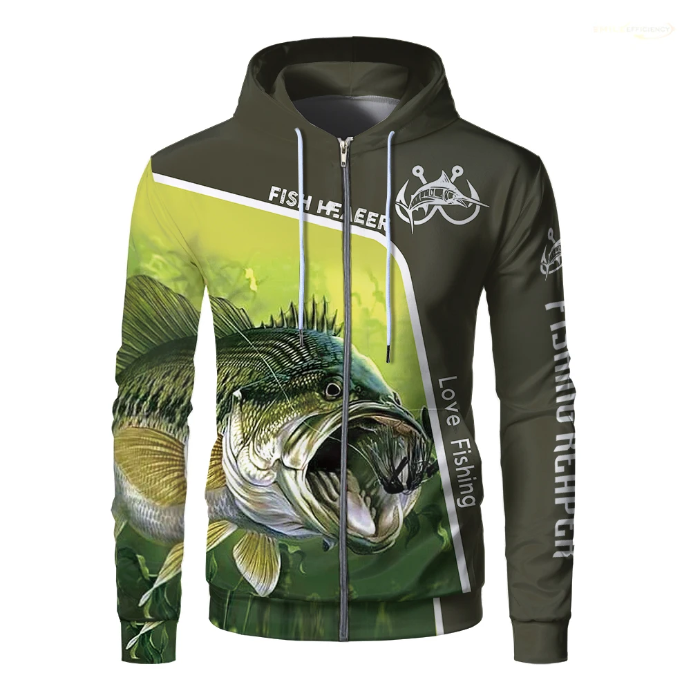 

2024 Fishing Hunting Men Zip Up Hoodie Funny Animal Bass Marlin Print Hoodie Outdoor Camping Fish Casual Fashion Sports Clothing