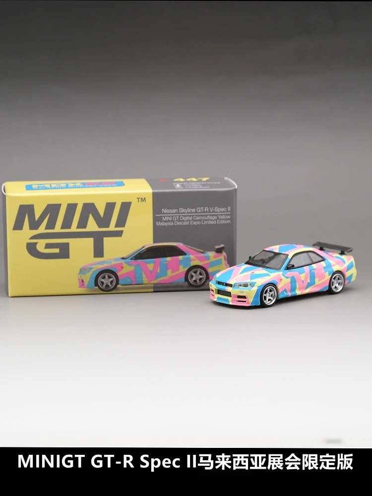 MINI GT 1/64  #447 Nissan skyline gt-r R34 Limited  Malaysia exhibition alloy car model decoration Malaysia exhibition limited