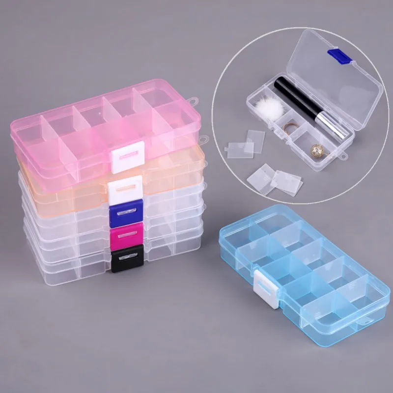 

10 Slots Plastic Storage Jewelry Box Compartment Adjustable Container For Beads Earring Box For Jewelry Rectangle Box Case