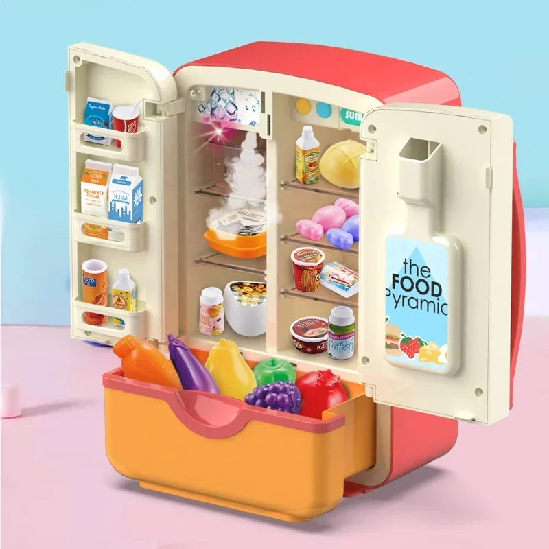 Frigorifero elettrico con spray leggero Set da gioco di finzione per cucina per bambini Mini set di accessori per alimenti Giocattolo per casetta da gioco per bambini