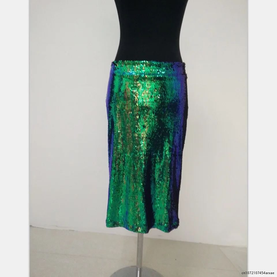 Fashion Women Spring New Solid Color Green Sequin Stitching Casual Mesh Slim Bodycon Mini Skirt Sexy Club Outfits