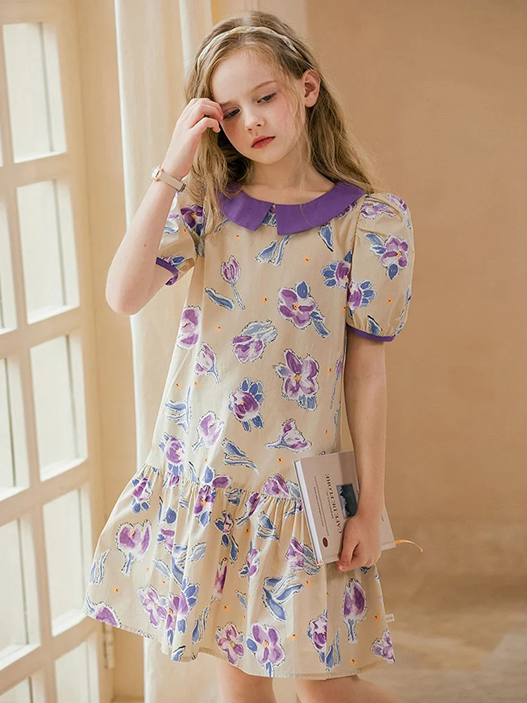 Baby Girl Summer 100% Cotton Dresses Short Sleeve Tulip Floral Printed 3T 14yrs Kids Clothing Cute Casual Children Wear 170cm