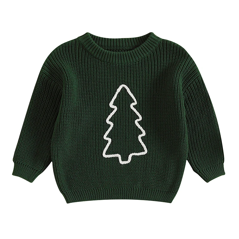 Kids Christmas Sweater Toddler Boys Girls Crew Neck Long Sleeve Pullovers Xmas Tree Embroidery Fall Winter Clothes Festive Tops