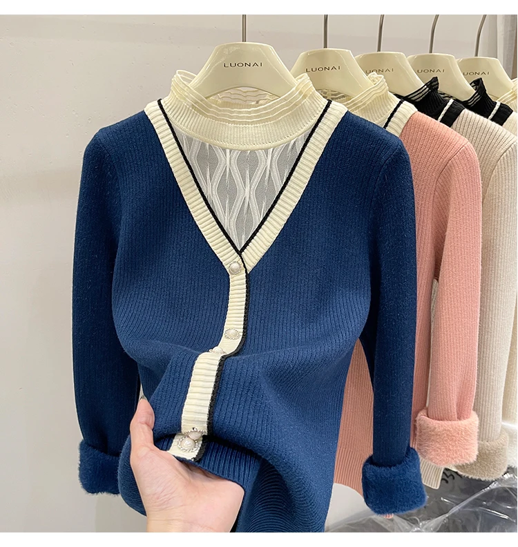 Suéter feminino falso de duas peças com gola simulada, top de malha de malha de veludo para camadas de outono/inverno