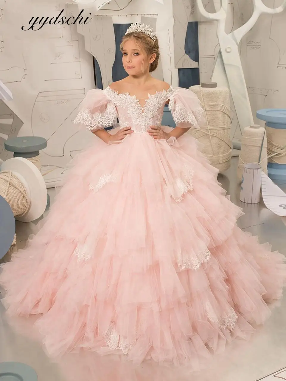 Customized Pink Princess Dress Puffy Dresses A-Line Comunion Dresses Flower Girl Dresses for Wedding Robe Ceremonie Fille