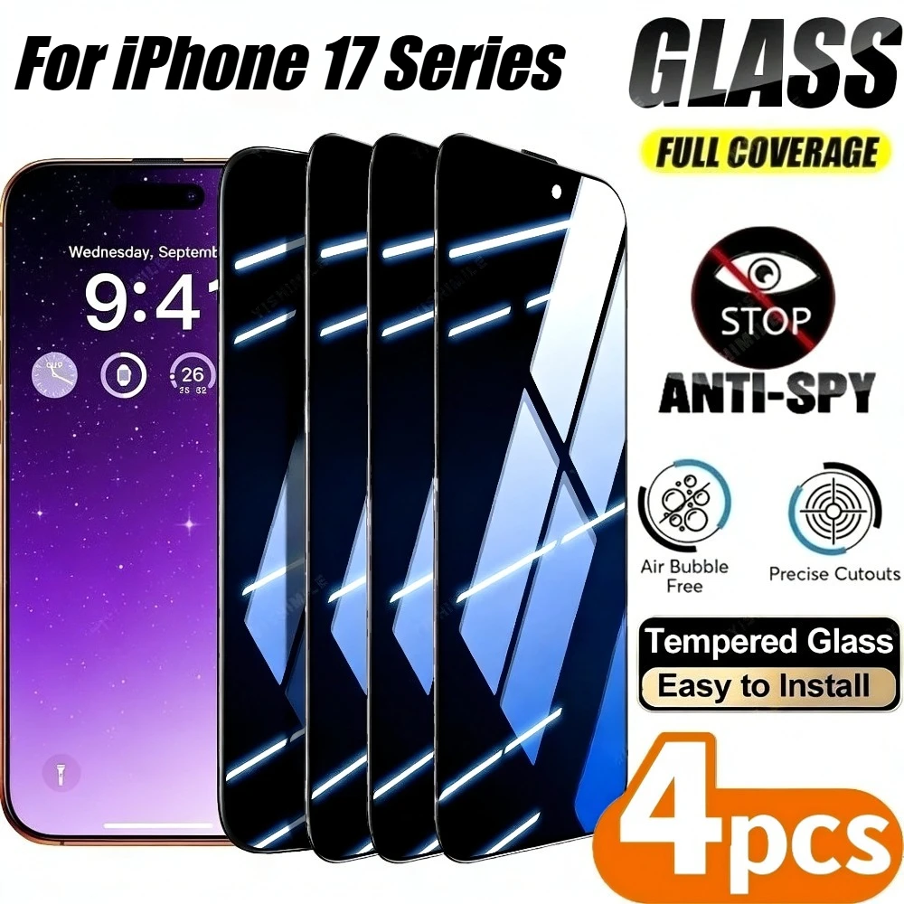 

Комплект из 4 защитных стекол для iPhone (полное покрытие экрана, защита от подглядывания) для моделей 17, 16, 15, 14 Pro Max, Air, 17e, 16, 15, 14 Plus, 13, 12, 11 Pro, твердость 9H, закаленное стекло