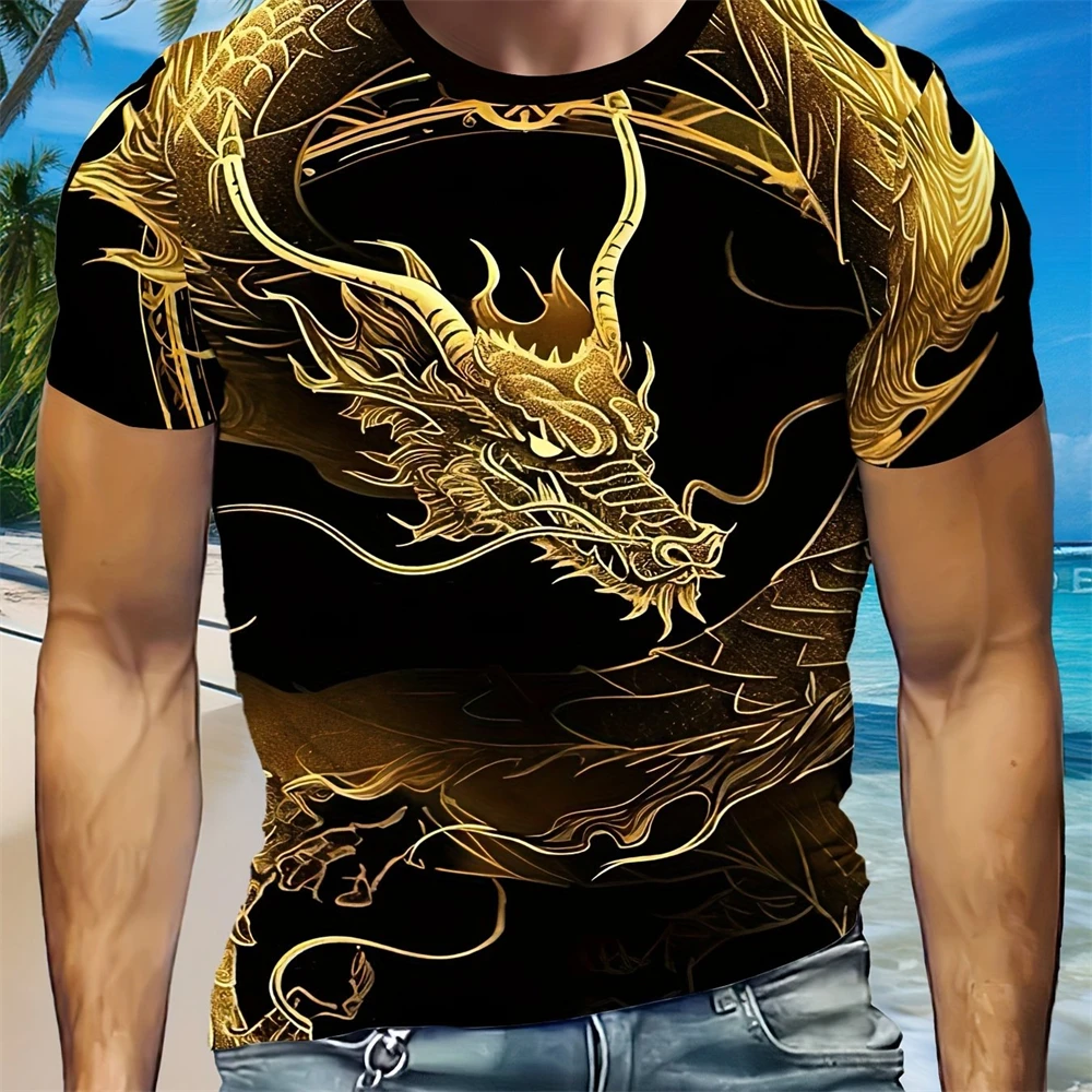 Summer Men's Street Fashion 3D Digital Animation Style Roaring Cool Dragon Pattern Round Neck Short Sleeved T-shirt Top
