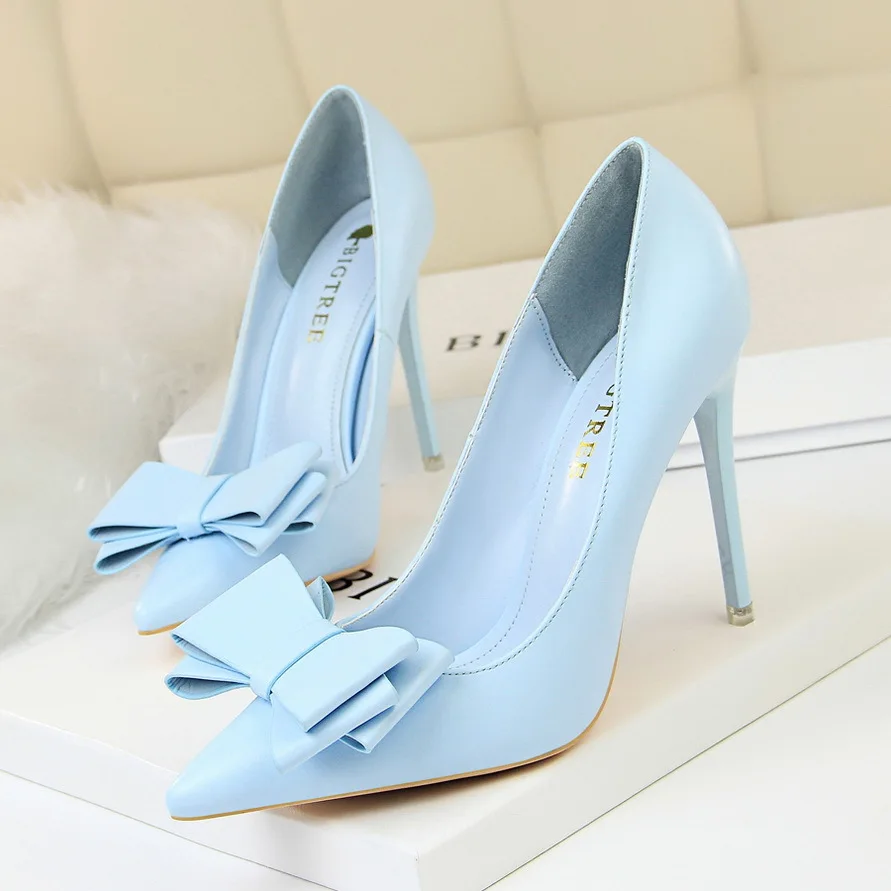 Women High Heels Blue Yellow Pumps Butterfly Knot PU Leather Stiletto Heels Lady Wedding Party Event Shoes Grace Simple 9511-18