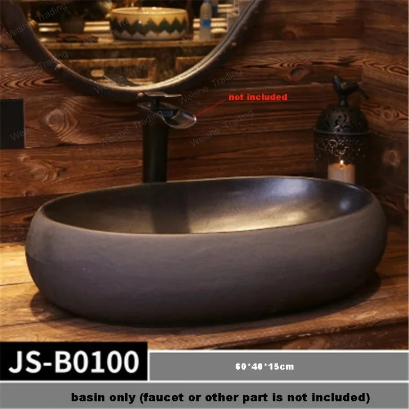 

JS-B0097/JS-B0098/JS-B0100 European Style Oval Basin Handmade Ceramic Sink Hand Washing Basin Bowl Above Counter Basin
