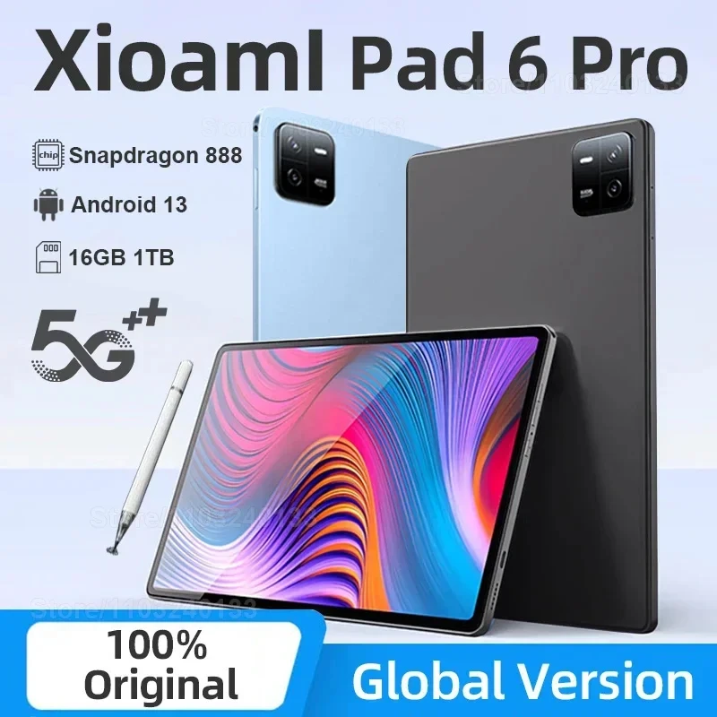 2024 Original Global Edition Pad 6 Pro Tablet Android 13 12GB+512GB Snapdragon888 10000mAh Dual SIM WIFI HD Long-lasting Tablet