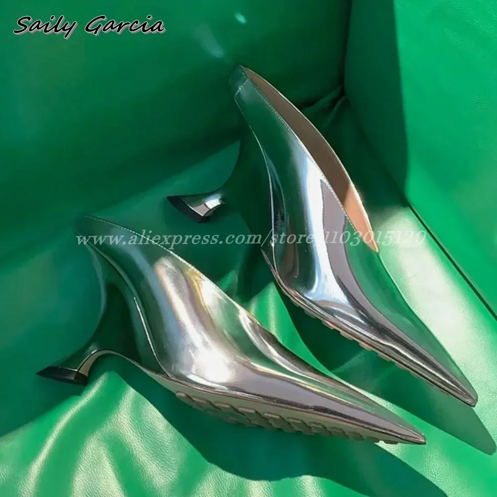 

Leathe Glossy Strange Heel Sexy Mules 2024 Autumn New All-Match Casual Pumps Pointed Toe Slip On Sheepskin Sole Sandals