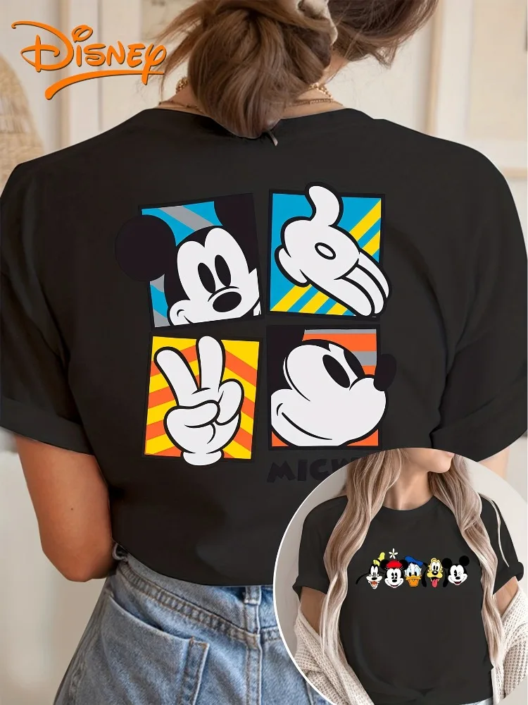 بلوزة كاجوال نسائية جميلة بأكمام قصيرة ميكي وميني دونالد آند ديزي جوفي آند بلوتو مطبوعة على الوجهين ورقبة دائرية ناعمة