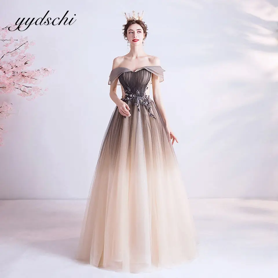 2025 Gradient Off The Shoulder Dress For Women Evening Dresses Elegant Appliques Back Lace Up Formal Party Gowns