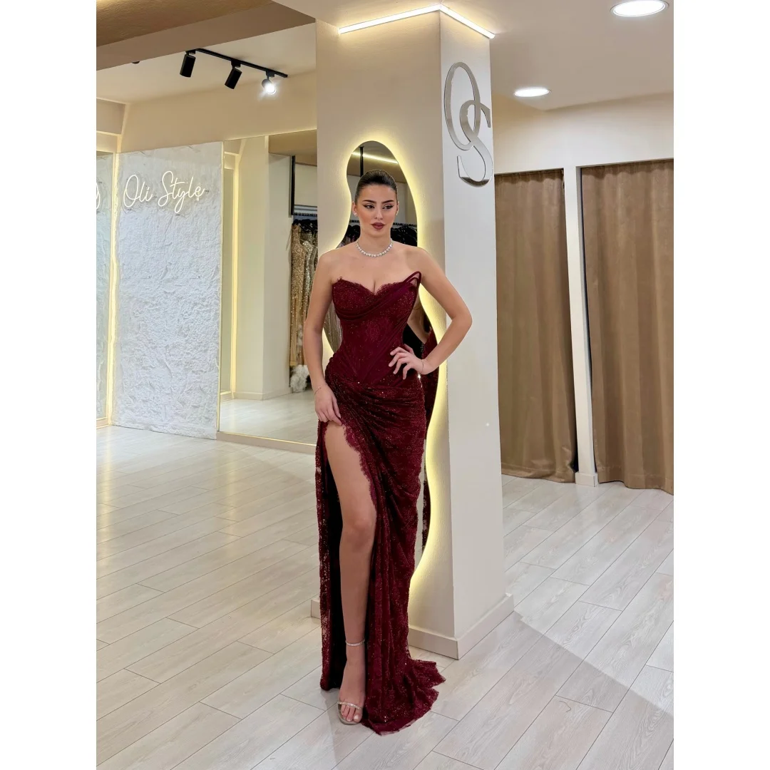 Vestido de Noche de Sirena con Encaje Exquisito Color Borgoña Personalizado Cathy, Vestidos de Noche Largos hasta el Suelo con Abertura Lateral Alta, Vestido de Noche Formal 2026