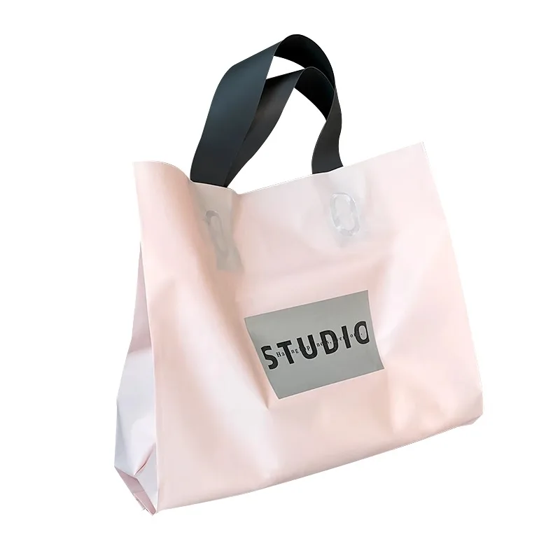 StoBag 50pcs Pink Frosted Plastic Shopping Bag Tote Shoulder Clothes Gift Package Pouch Handbag Portable Custom Logo(Extra Fee)