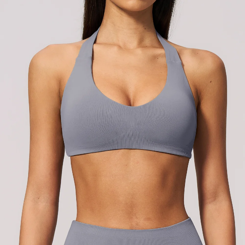 Seamless Sports Bra Women Halter Yoga Bra Open Back Fitness Underwear Shockproof Push-up Crop Top Female Workout Gym Underwear
